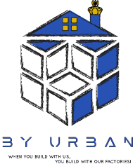 A blue and white logo with the words by urban.